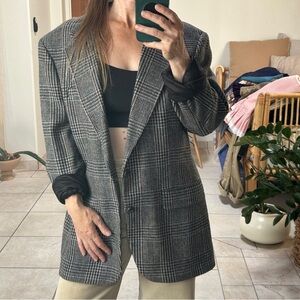 Mens 90s Vintage Academia Black Gray Glen Plaid Oversized Wool Blazer, Women’s L